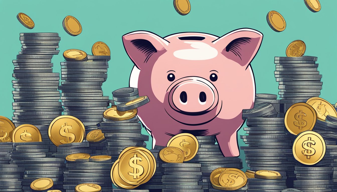 A piggy bank surrounded by stacks of coins and dollar bills, with a sign reading "Specialised Savings Schemes" and the logo of DBS Savings Singapore