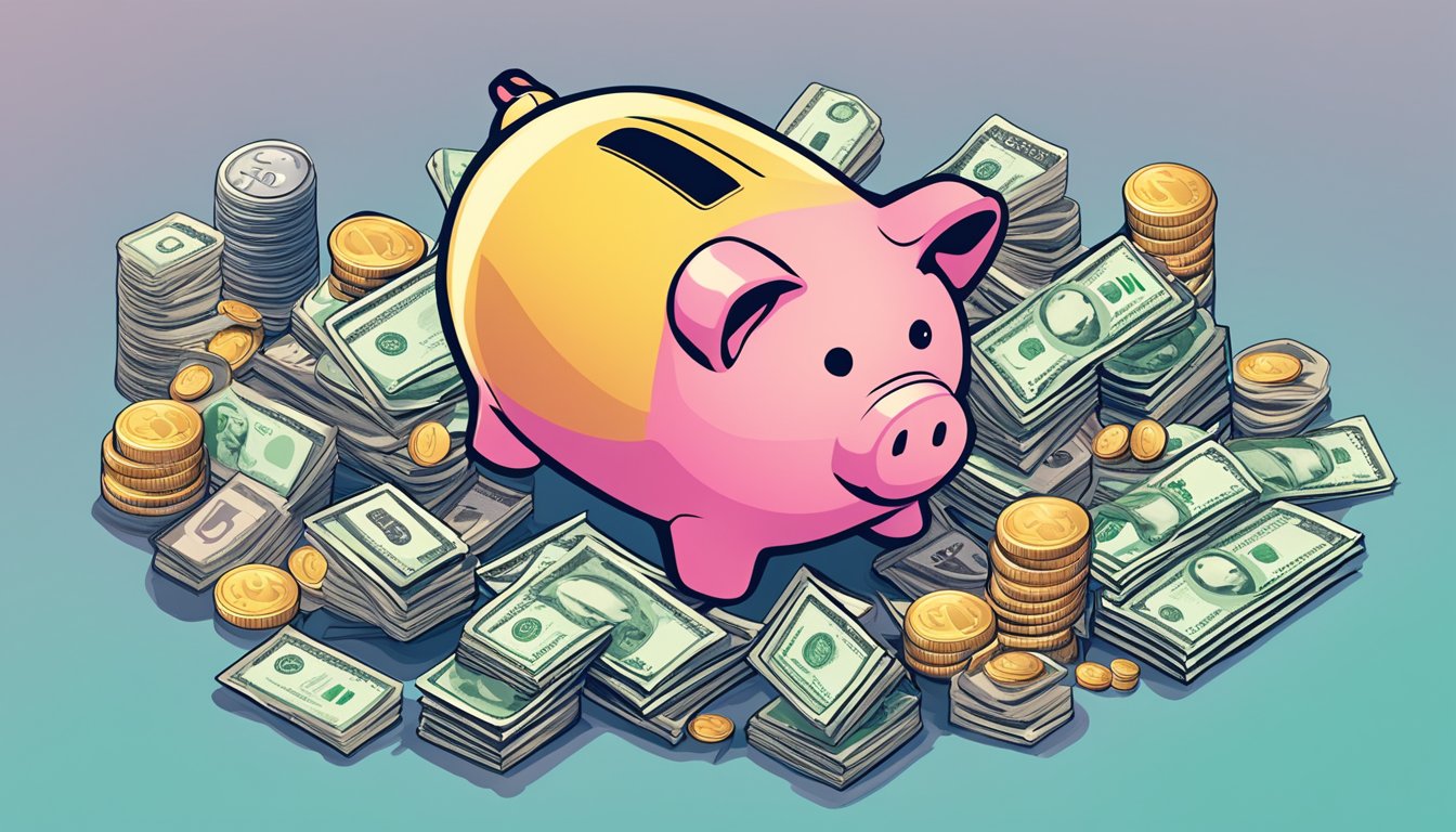 A piggy bank surrounded by various savings options, including a bank account, coins, and dollar bills, with the DBS logo prominently displayed