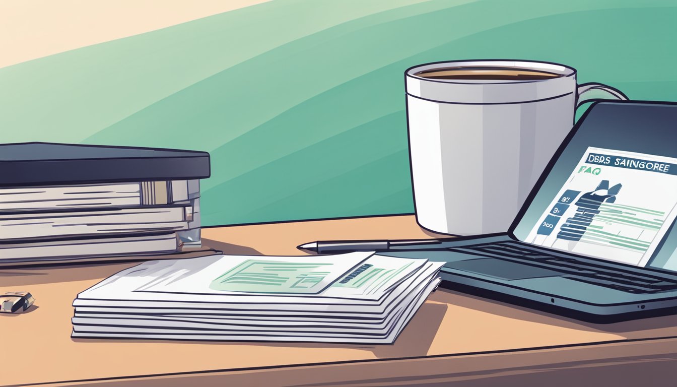A stack of FAQ cards with "DBS Savings Singapore" on a desk, surrounded by a laptop, pen, and coffee cup