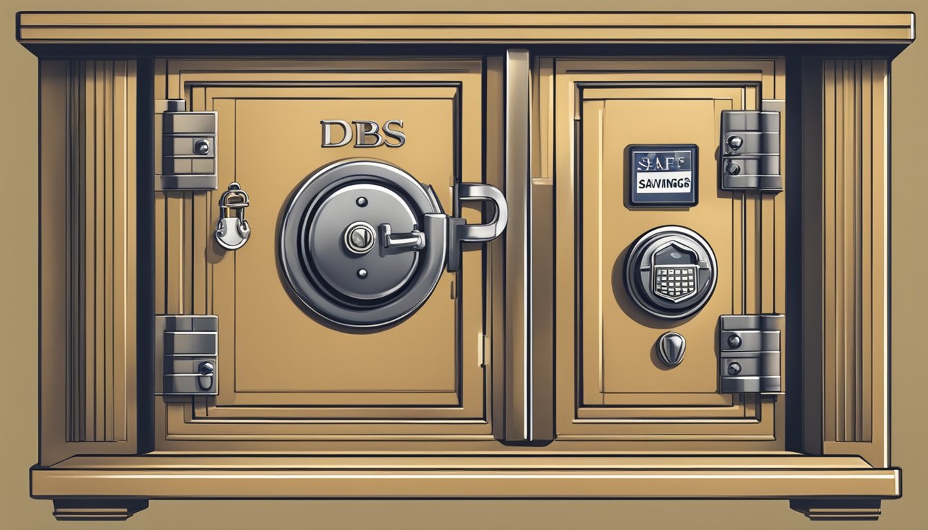 A safe with a prominent "DBS Savings Account" logo, surrounded by a shield and lock, symbolizing security for your savings