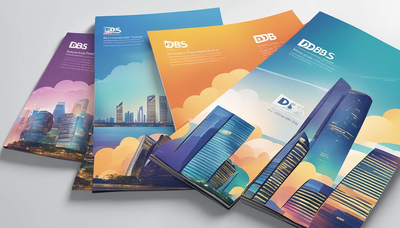 A stack of DBS Savings Account brochures with varying interest rates, against a backdrop of the Singapore skyline