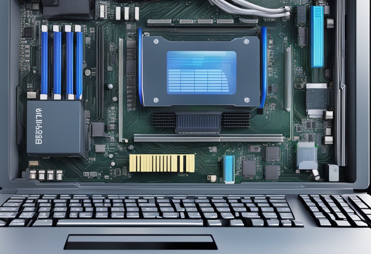 The computer screen displays a message: "GPU not detected in BIOS." The motherboard and internal components are visible through the open computer case