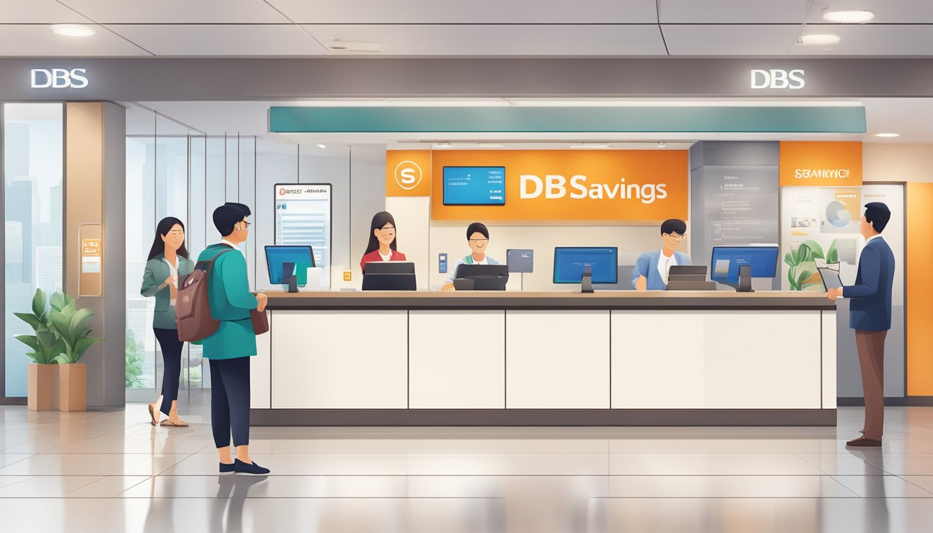 A modern bank branch in Singapore with a prominent sign for "DBS Savings Plus Account" and customers conducting transactions at the teller counters