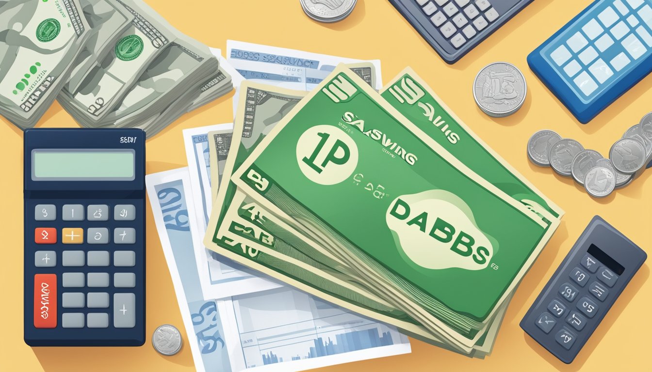A stack of dollar bills and coins surrounded by a bank passbook and a calculator, with the DBS Savings Plus Account logo in the background