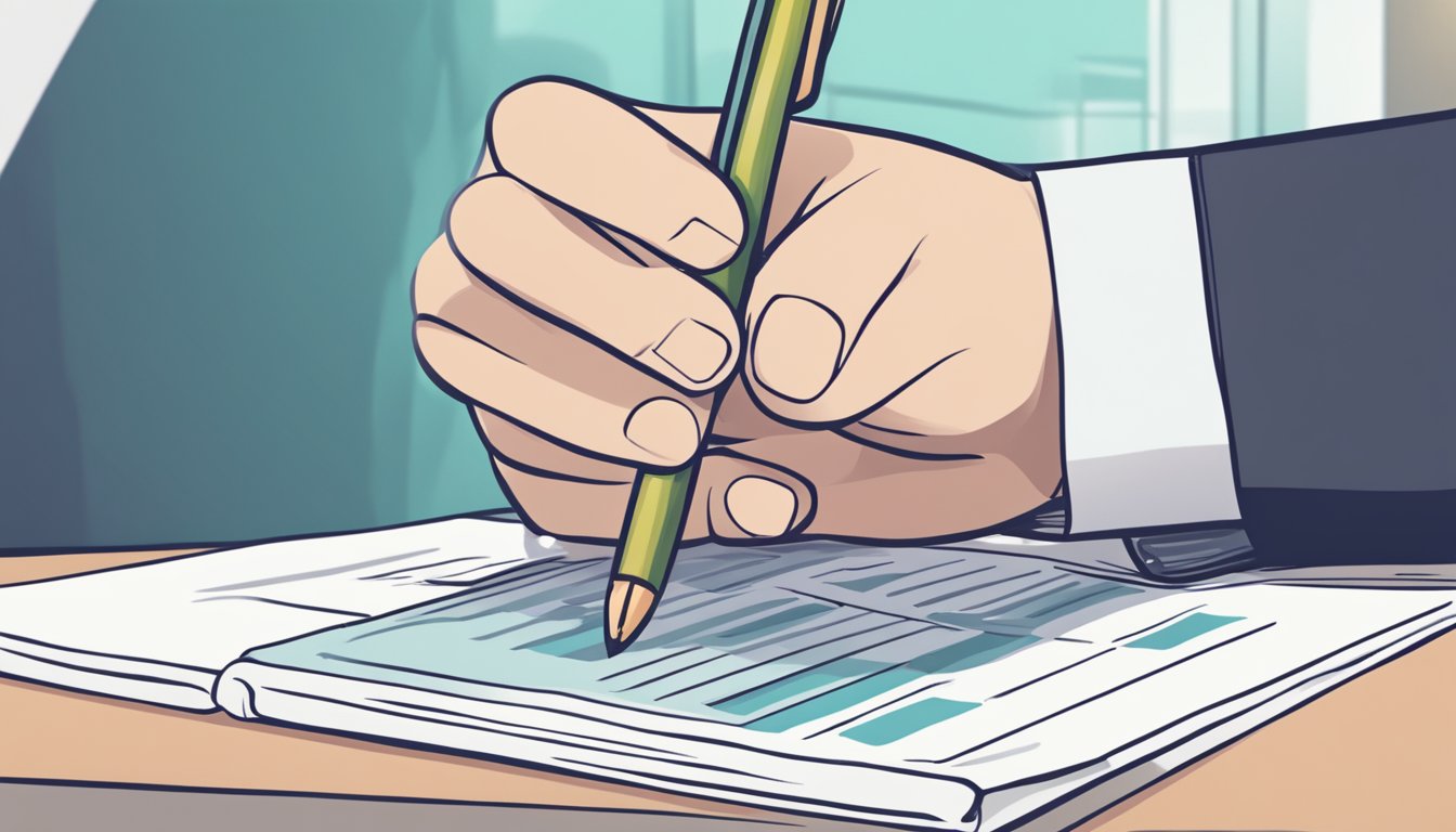 A hand reaching for a Singaporean DBS savings plus account statement, with a pen ready to make notes