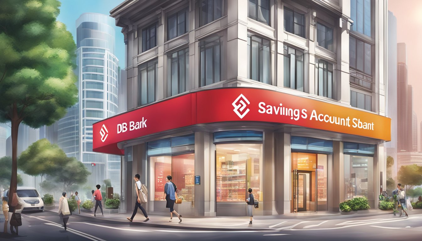 A vibrant cityscape with a prominent DBS bank branch, showcasing the logo and signage for the "Savings Plus Account" in Singapore