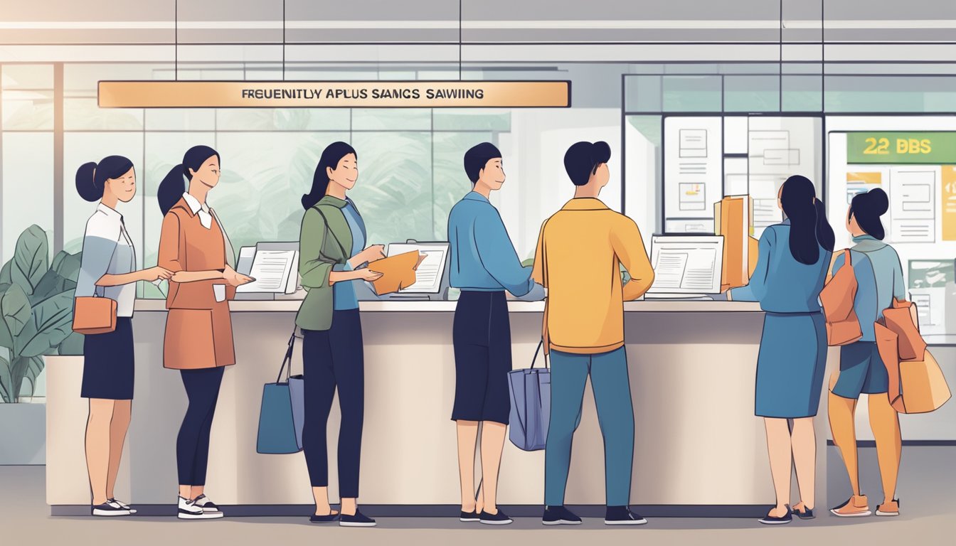 Customers line up at a bank counter, holding forms and documents. A sign above reads "Frequently Asked Questions: DBS Savings Plus Account Singapore."
