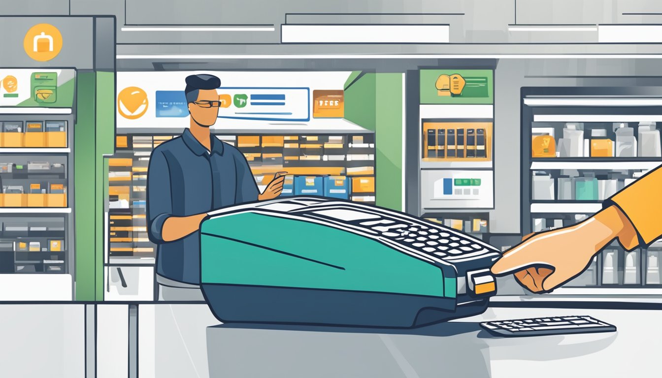 A person swiping a secured credit card at a store checkout, with a padlock symbol on the card and a bank logo in the background