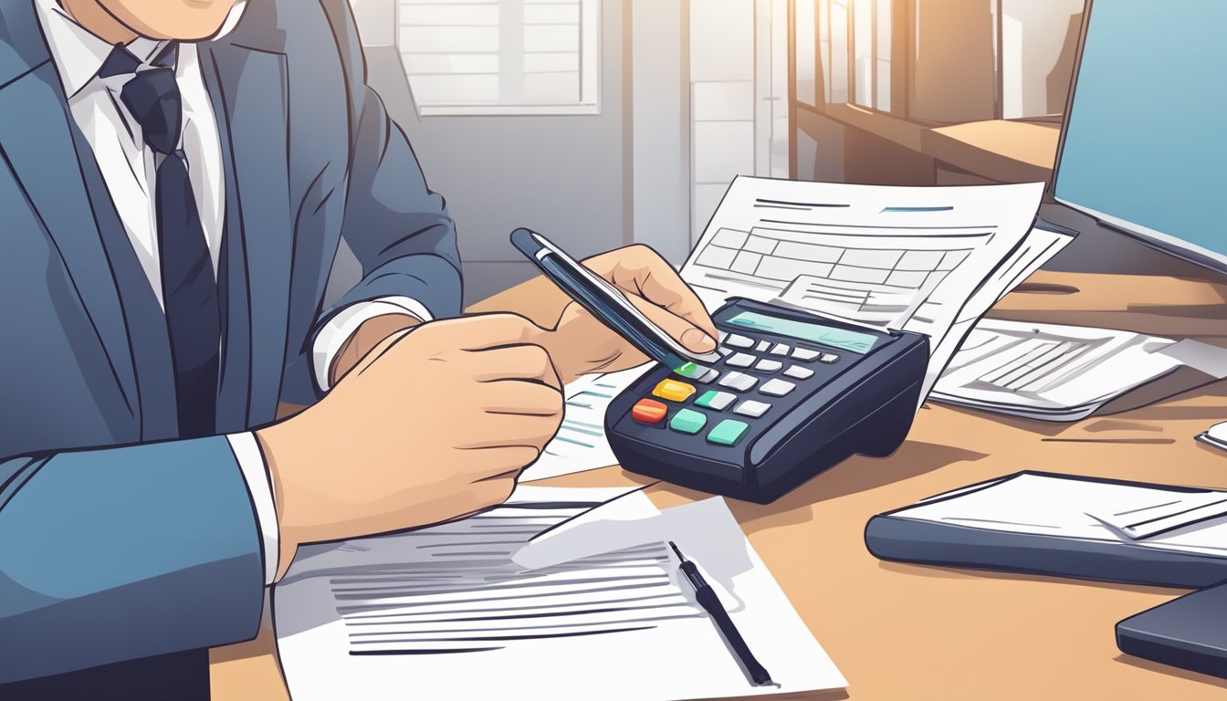 A person fills out a credit card application form with required documents and submits it to a bank representative