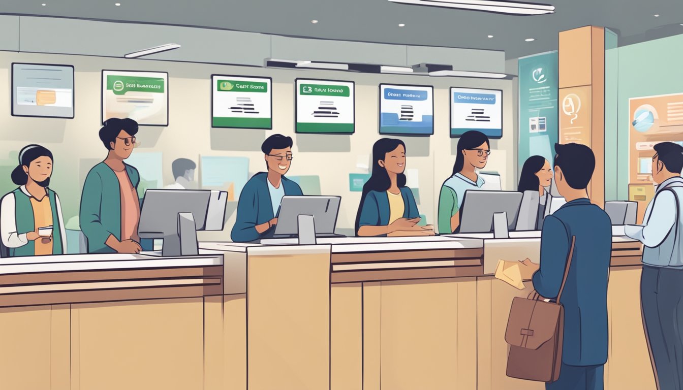Customers lining up at a bank counter, holding documents and credit cards. A sign above reads "Frequently Asked Questions dbs secured credit card singapore"