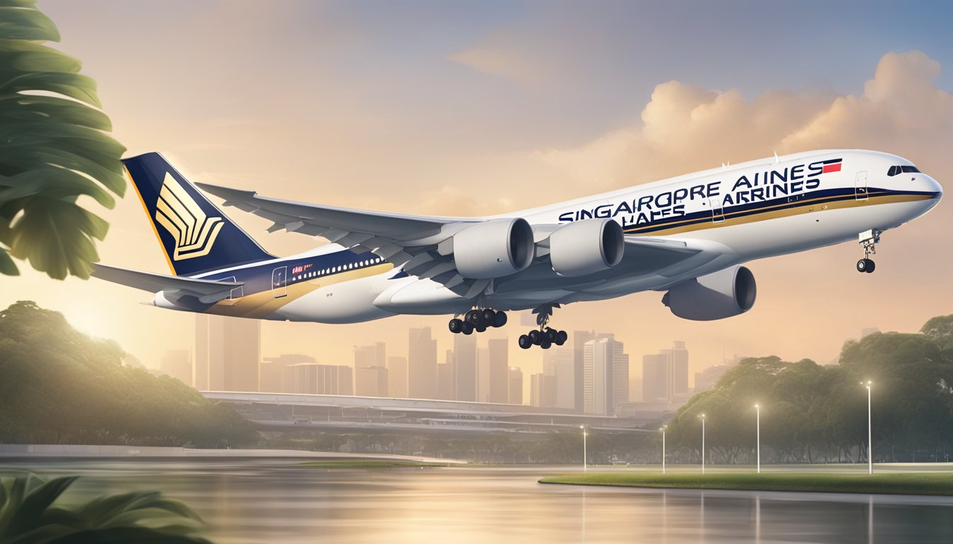A Singapore Airlines plane lands at Changi Airport, with the iconic DBS logo displayed prominently on the aircraft's exterior