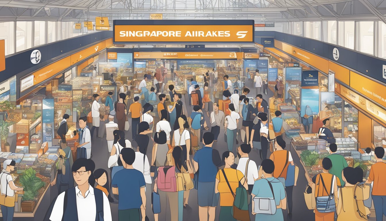 A bustling marketplace with DBS and Singapore Airlines logos displayed prominently. People browse and interact with travel agents and airline representatives