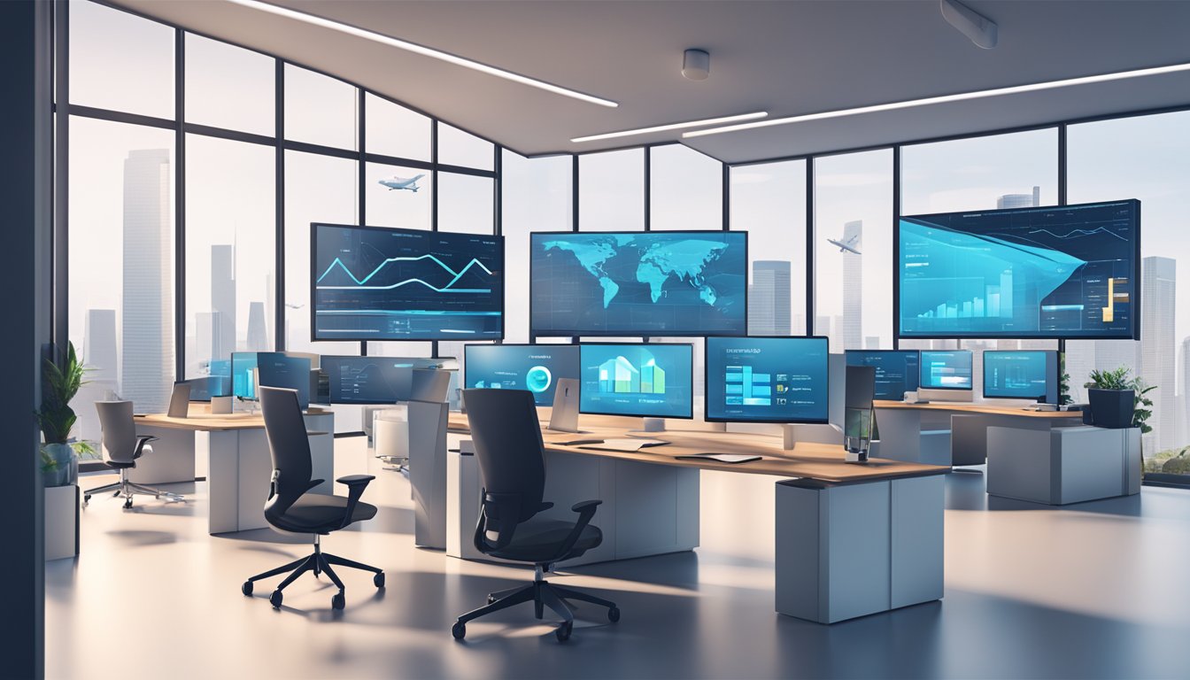 A sleek, modern office space with digital screens displaying financial data, alongside a futuristic airplane model representing digital innovation