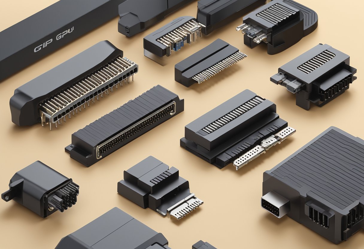 A variety of GPU power connectors, including 6-pin, 8-pin, and 12-pin, are displayed on a table with corresponding labels