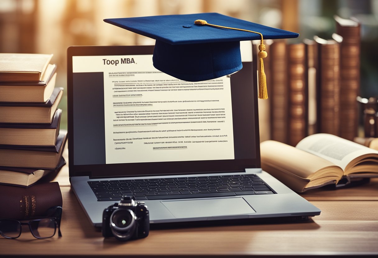 A laptop displaying a list of top online MBA programs, surrounded by books and a diploma, with a graduation cap resting on the keyboard
