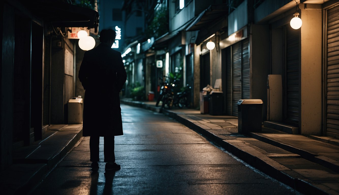 A dark alley in Singapore, with a shadowy figure offering money to a desperate borrower.警告标语禁止非法放贷