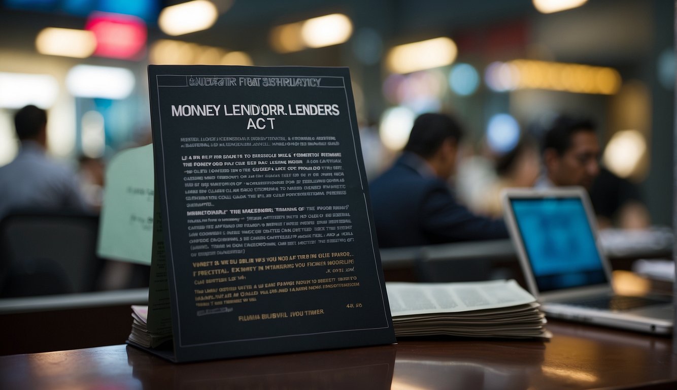 A person reading the Moneylenders Act and Legal Lending guidelines in Singapore, with a sign warning against borrowing from illegal money lenders