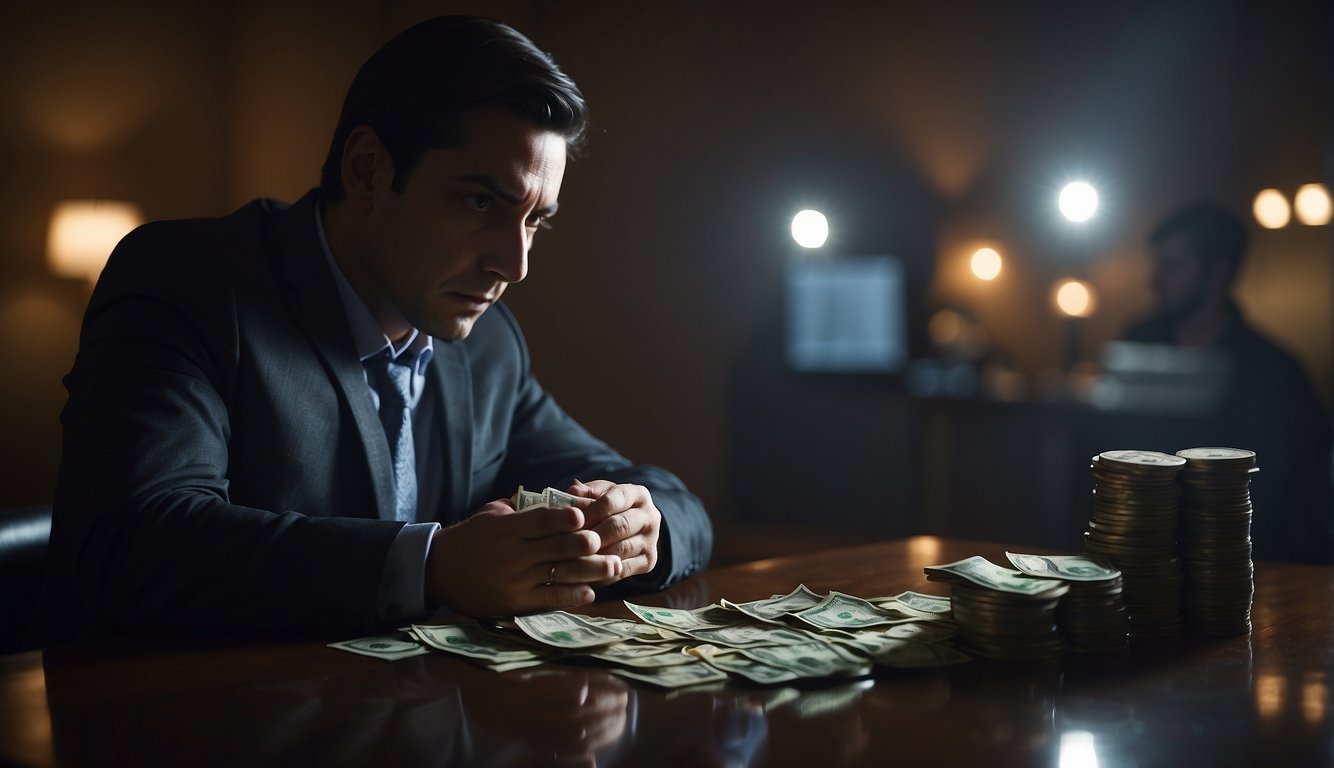 A person nervously counts money, while a shadowy figure lurks nearby. The atmosphere is tense and foreboding, conveying the risks of illegal borrowing