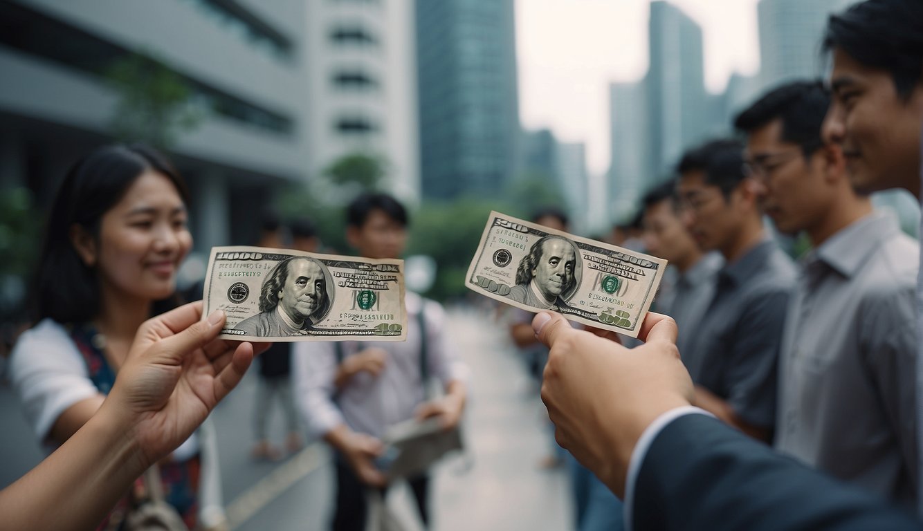 Borrowers receiving cash from money lenders in Singapore, while banks are in the background