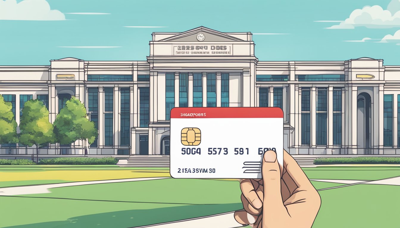 A hand holding a DBS student credit card in front of a Singaporean university campus backdrop