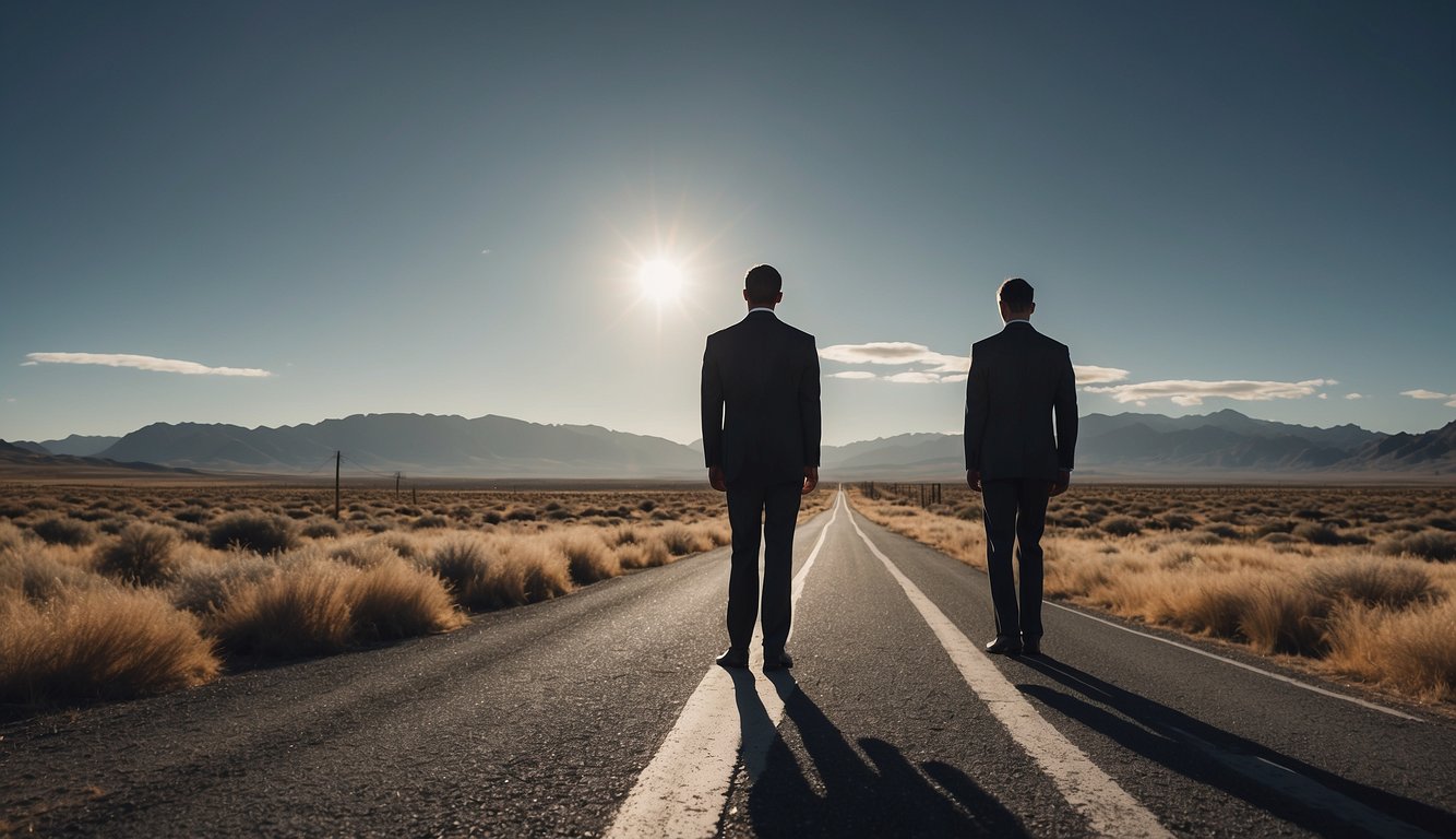 A person in a suit stands at a crossroads, with one path leading to a legal bank and the other to a shadowy figure representing an illegal money lender. The contrast between the two options is stark