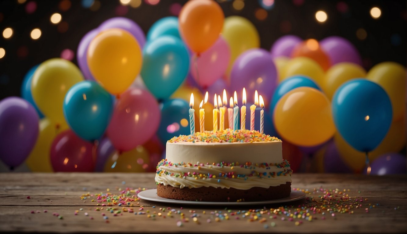 Colorful balloons and confetti surround a "Happy Birthday" banner. A cake with lit candles sits on a table, while a gift box and a heartfelt card complete the scene