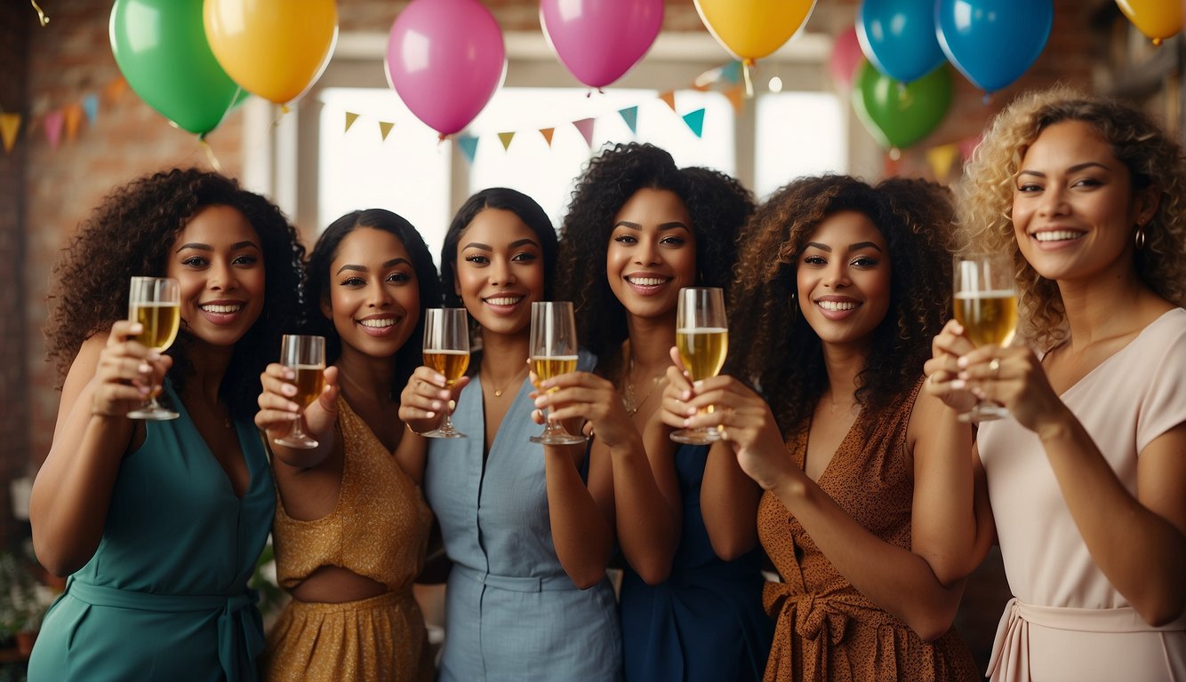 A group of diverse and joyful women raise their glasses in a toast, surrounded by colorful decorations and a banner that reads "Celebrating Our Unique Sisterhood - Happy Birthday Message to My Sister From Another Mother"