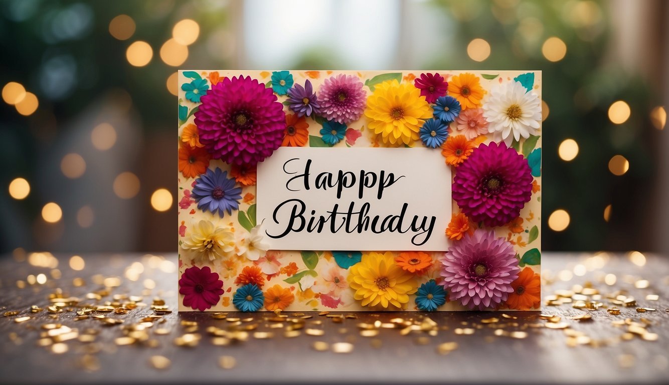A colorful birthday card with "Happy Birthday" written in bold letters, surrounded by vibrant flowers and confetti