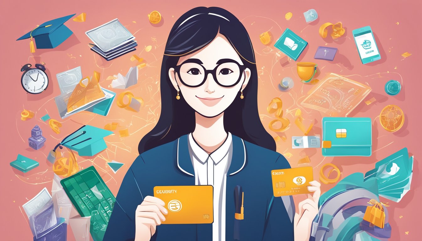 A student holding a dbs credit card with exclusive perks, surrounded by symbols of education and luxury