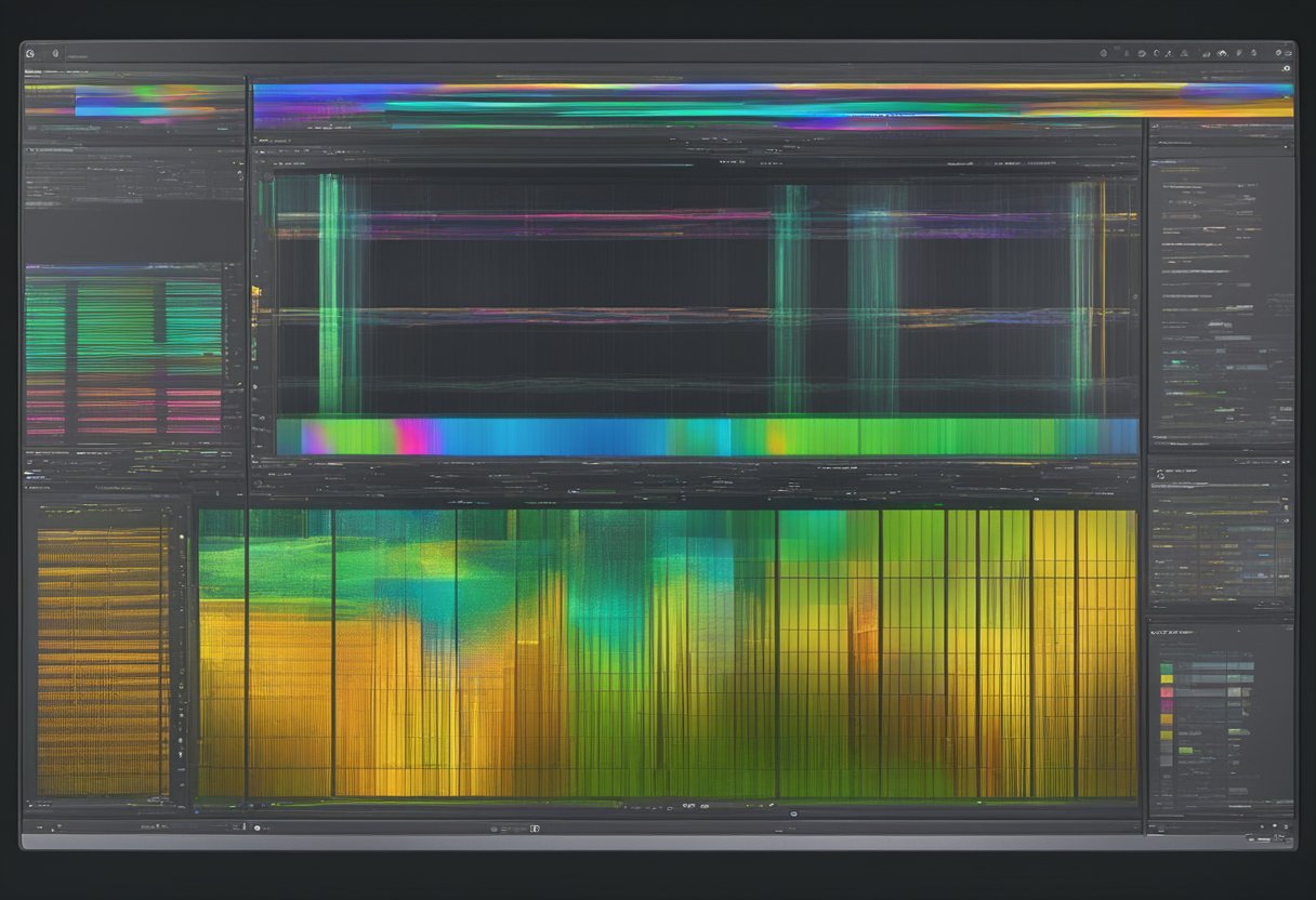 A computer screen displaying distorted and glitchy graphics due to GPU artifacting. The screen appears frozen and unresponsive, with various visual anomalies scattered across the display