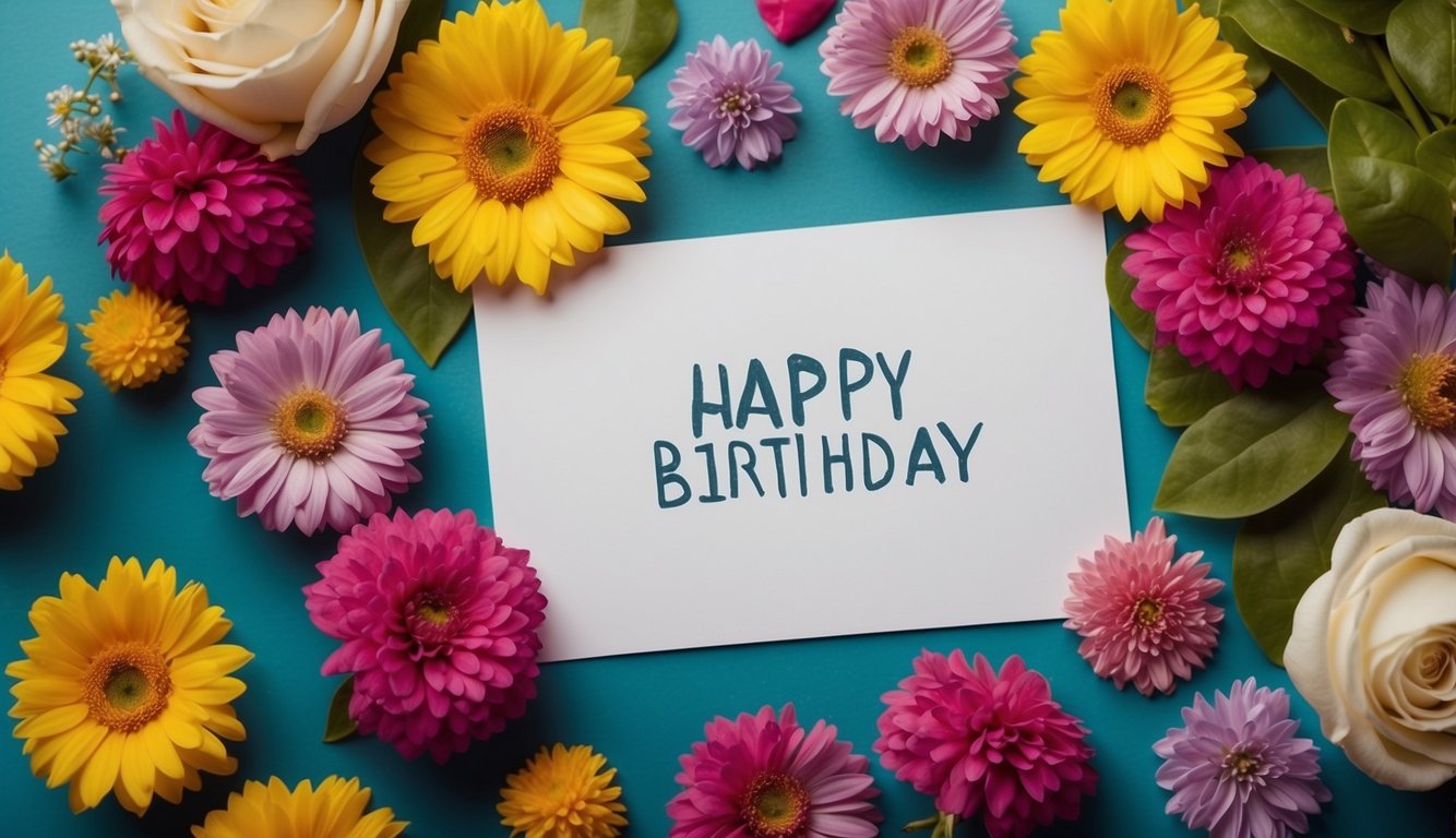 A colorful birthday card with "Happy Birthday" and "Love" written on it, surrounded by vibrant flowers and hearts
