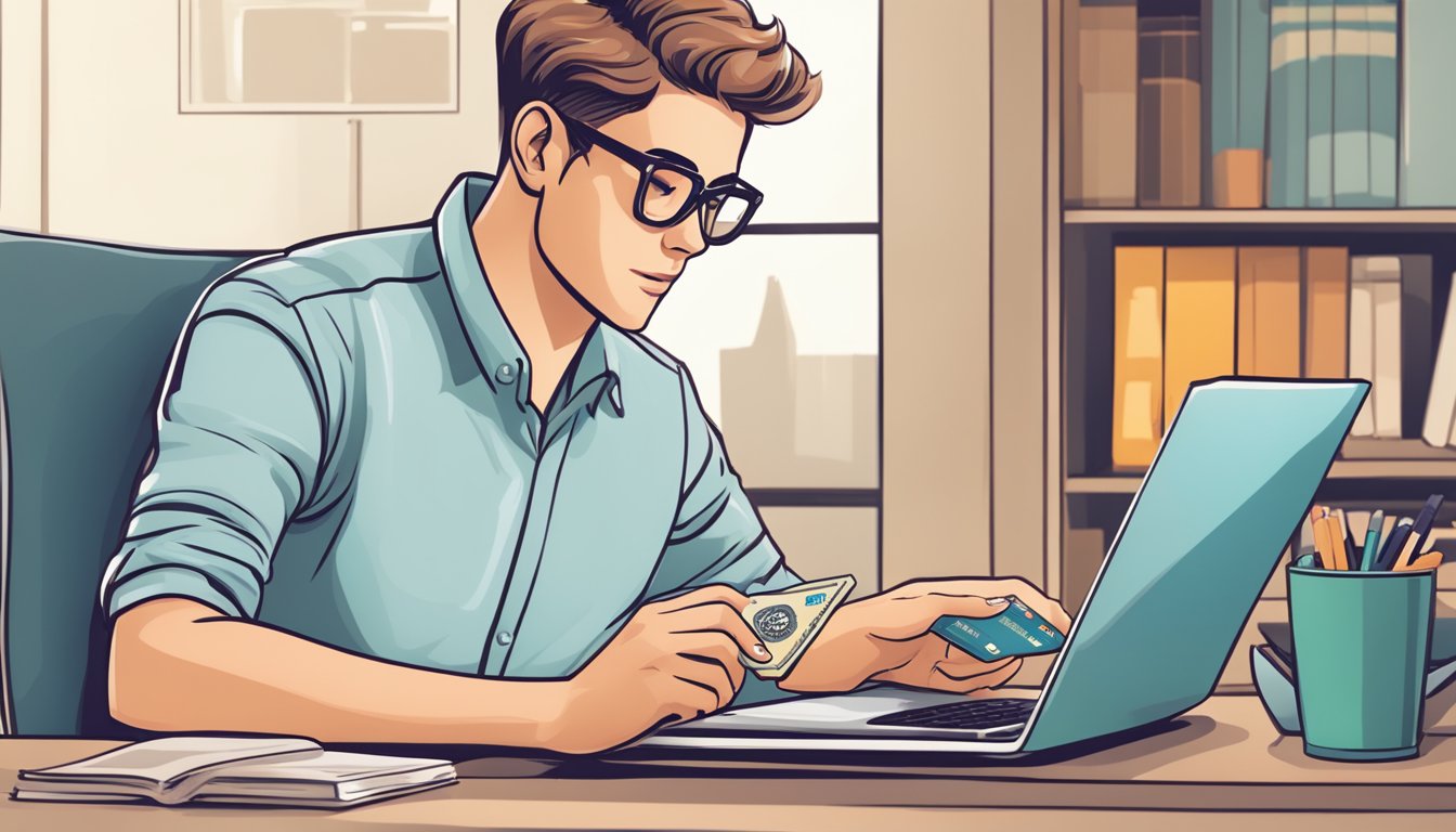 A student holding a credit card while reading a brochure on fees and charges, with a laptop and calculator nearby