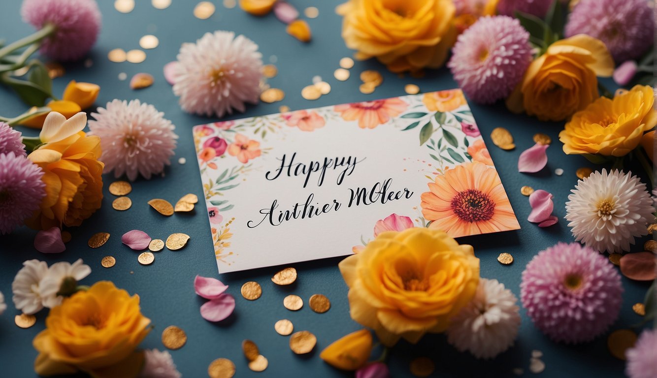 A colorful birthday card with the words "Happy Birthday Sister From Another Mother" written in elegant script, surrounded by vibrant flowers and confetti