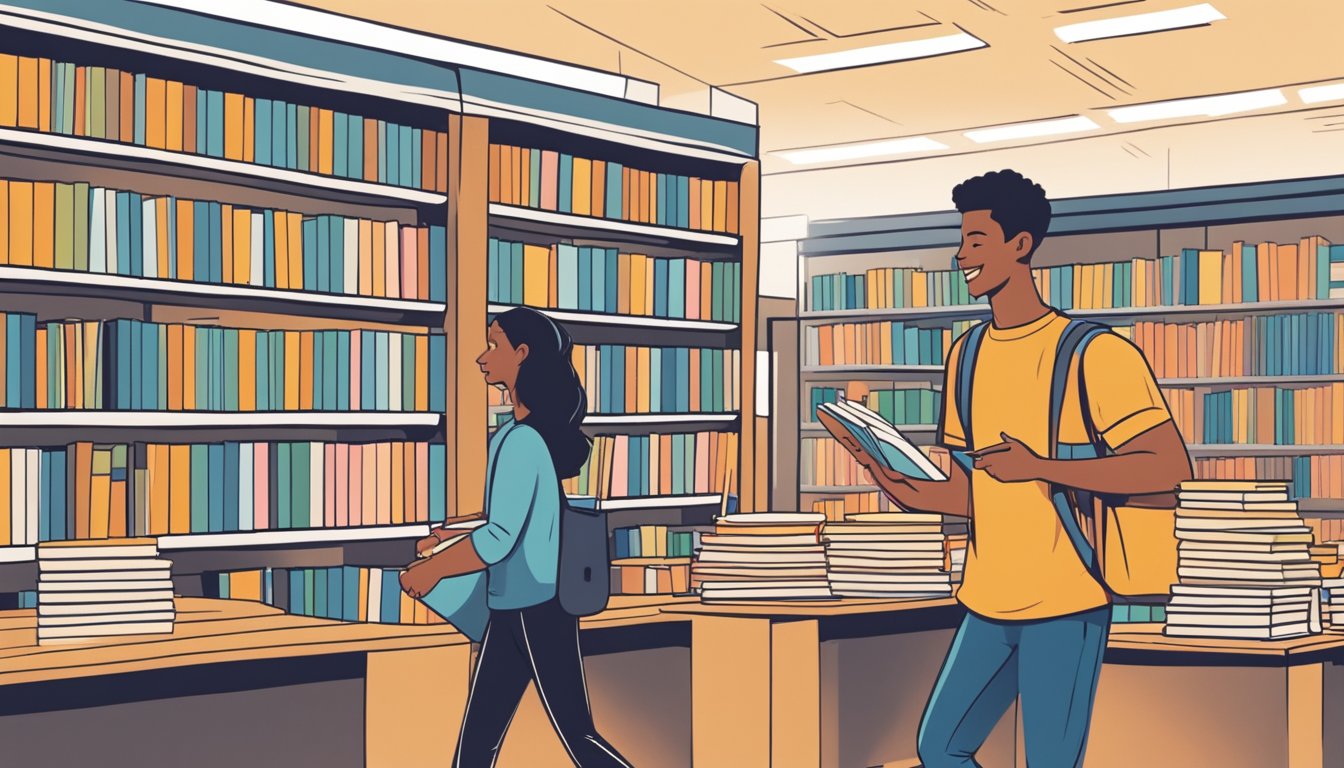 A student swipes a dbs credit card at a bookstore, eager to purchase textbooks for the upcoming semester. The cashier smiles as the transaction is approved, and the student walks away with a stack of books in hand