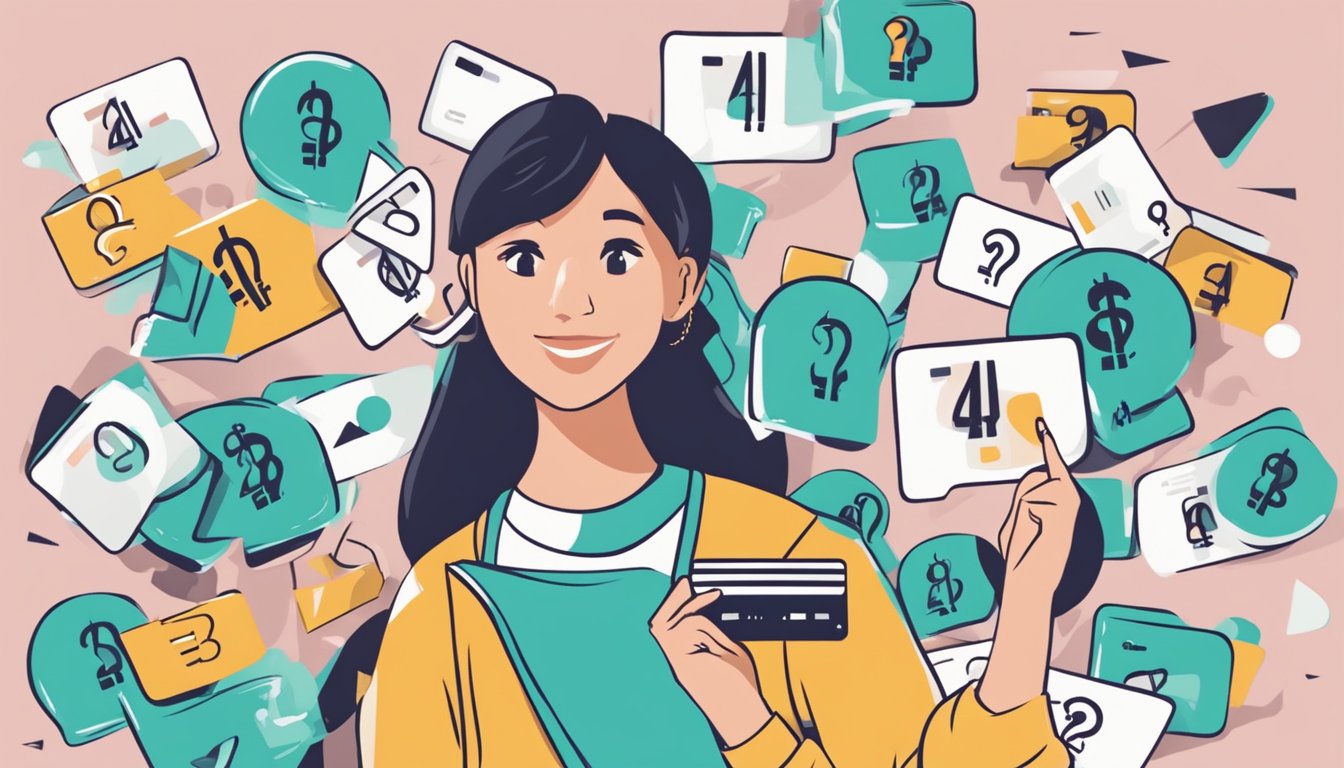 A student holding a credit card, surrounded by question marks and a FAQ sign