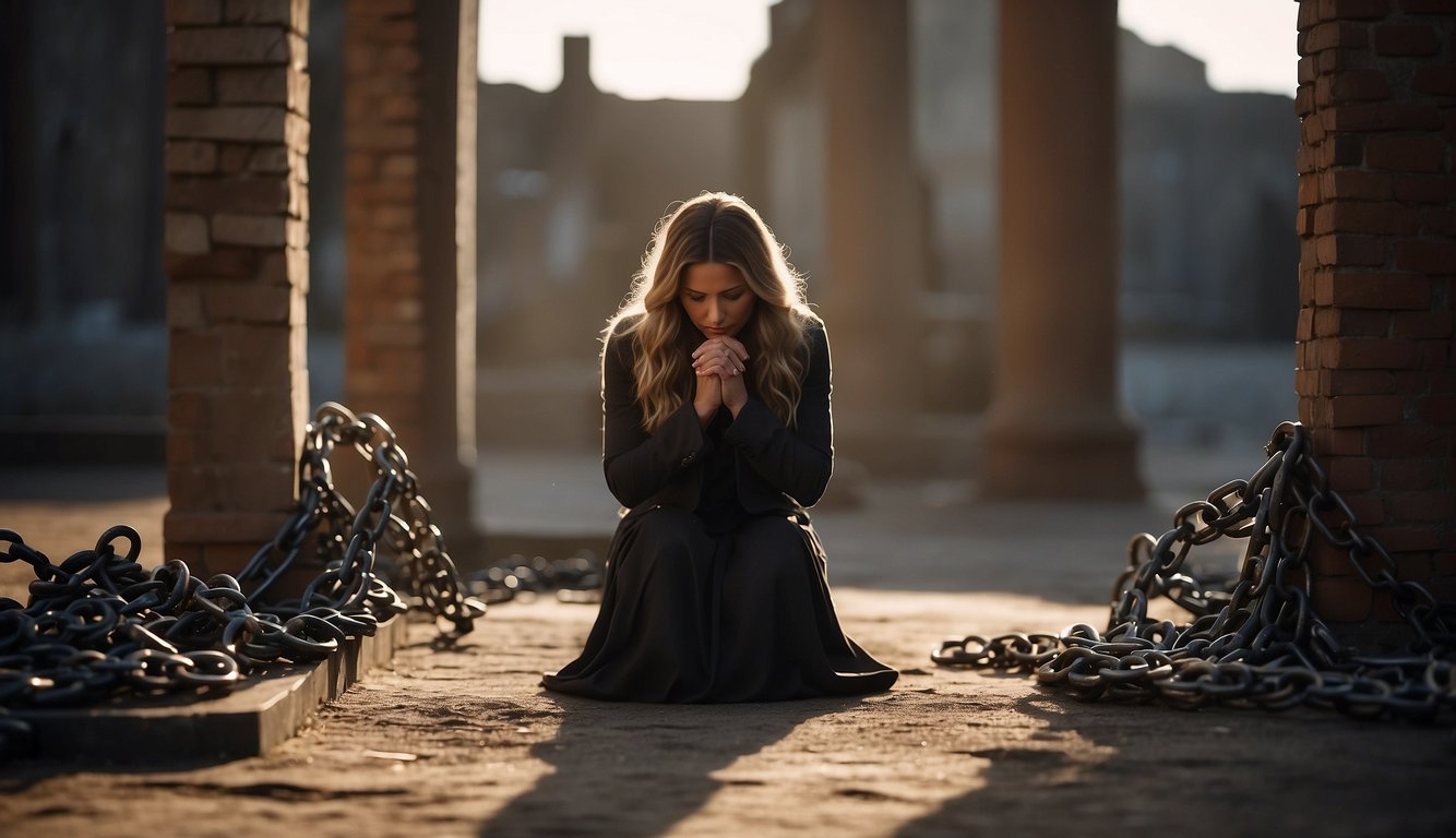 A woman kneels in prayer, surrounded by broken chains and crumbling walls, as she fights to remove the other woman from her relationship