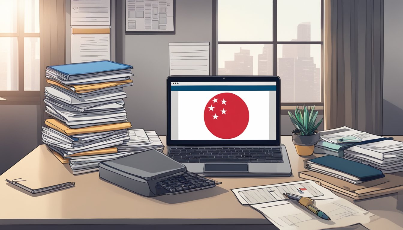 A stack of paperwork, a calculator, and a laptop sit on a desk in a dimly lit room. A Singaporean flag hangs on the wall