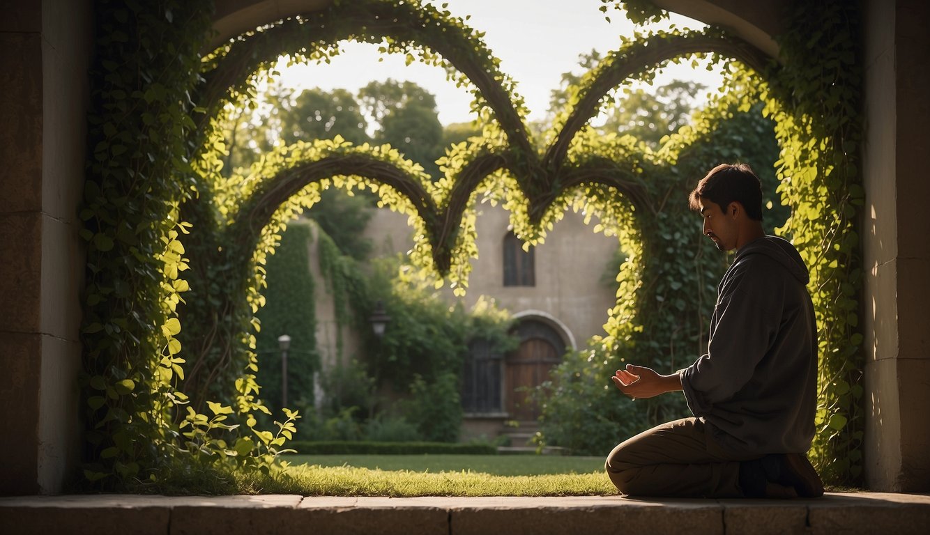A heart-shaped garden with vines tearing down walls, while a figure prays away a shadowy presence