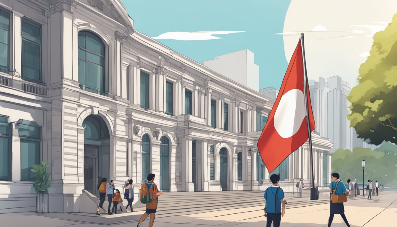 A student holding a Singaporean flag stands in front of a bank, receiving additional financial support for their studies