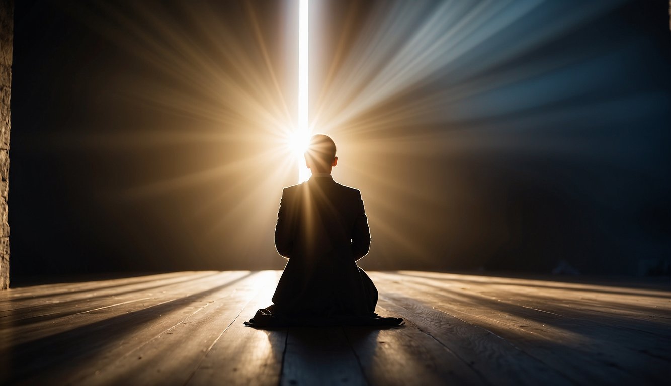 A figure kneels in prayer, surrounded by light. A shadowy figure representing "the other woman" looms in the background. The atmosphere is heavy with spiritual warfare
