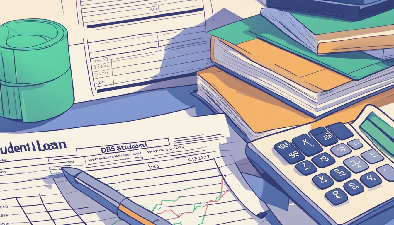 A stack of paperwork with "DBS Student Loan" on top, next to a calculator and a chart showing fluctuating interest rates