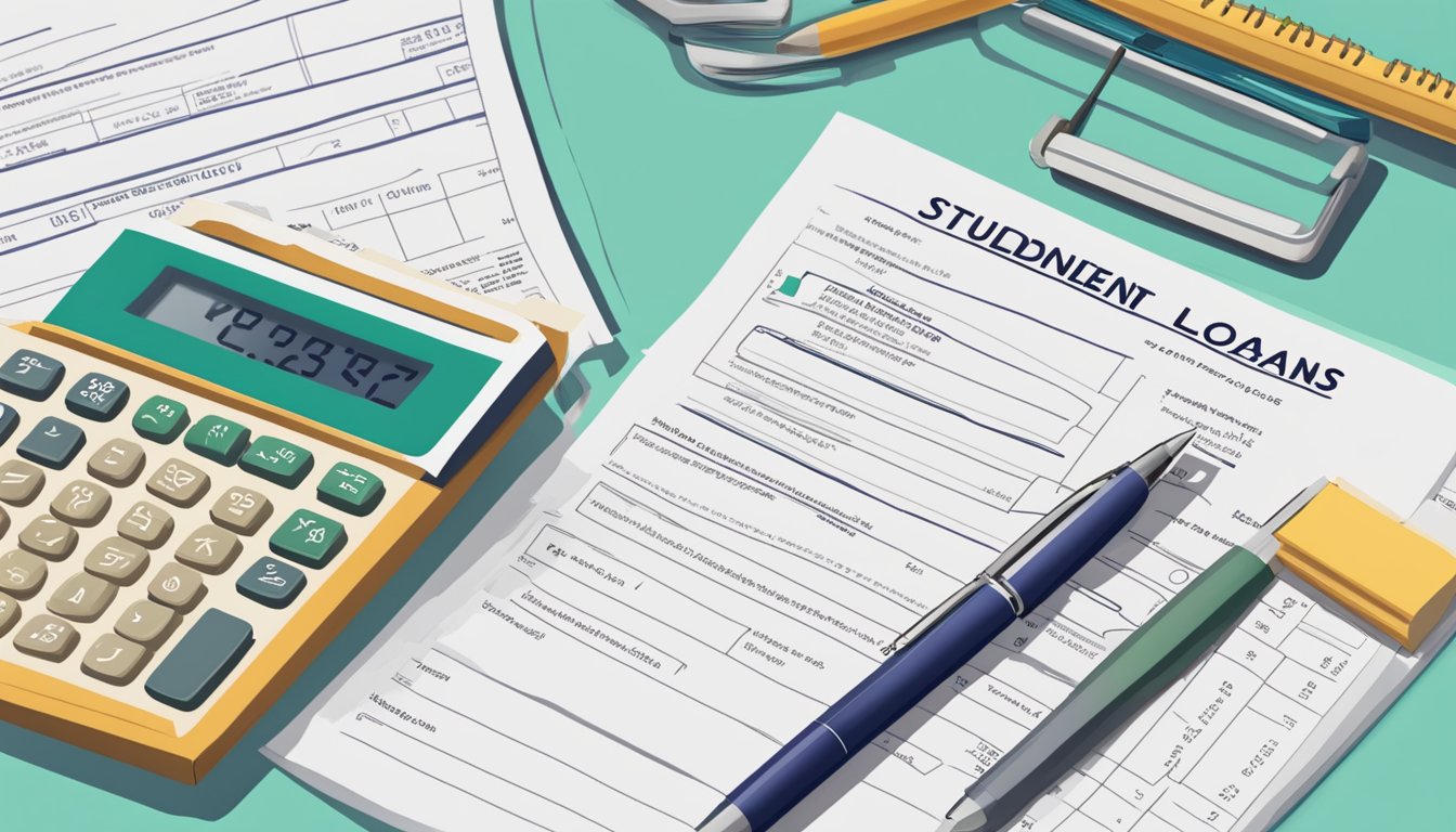 A stack of paper with "Eligibility Criteria for DBS Student Loans" printed on top, next to a calculator and a pen