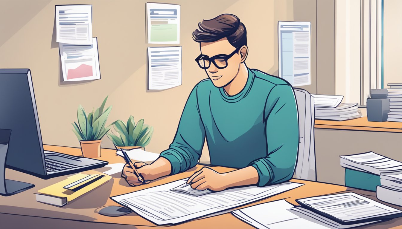 A person sitting at a desk filling out a loan application form with a laptop and documents spread out in front of them