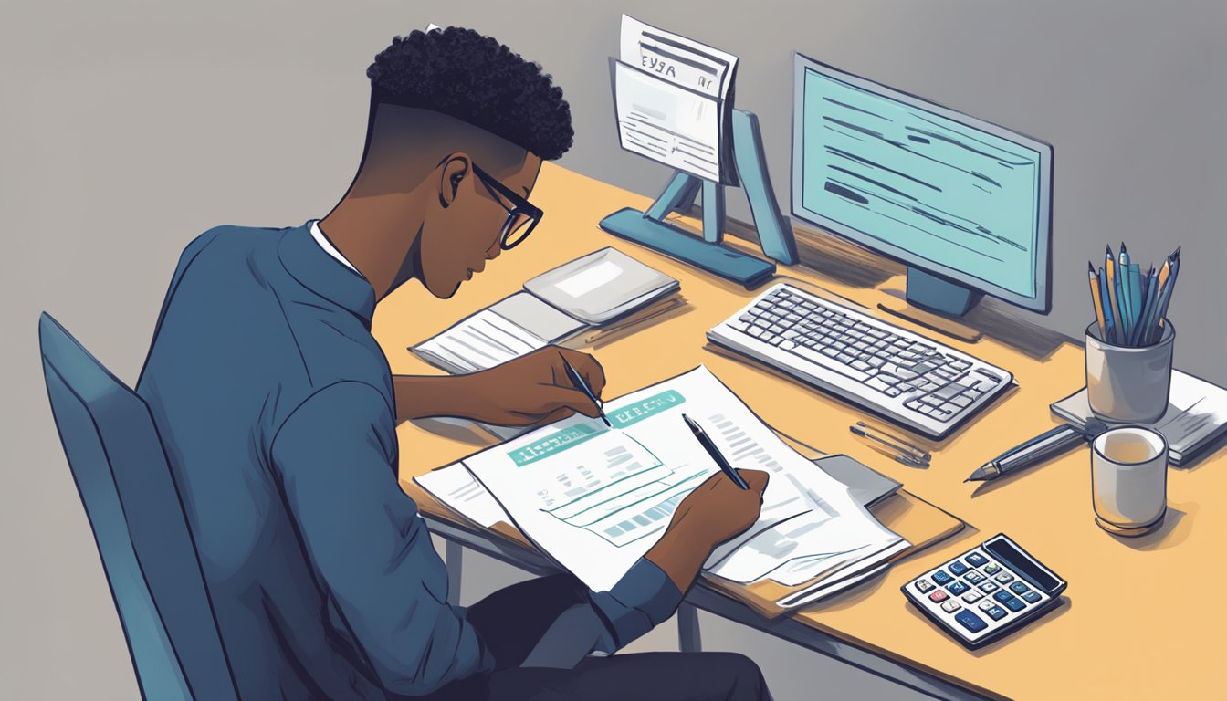 A student sits at a desk, writing a check to repay their DBS student loan. The loan statement and a calculator are spread out in front of them