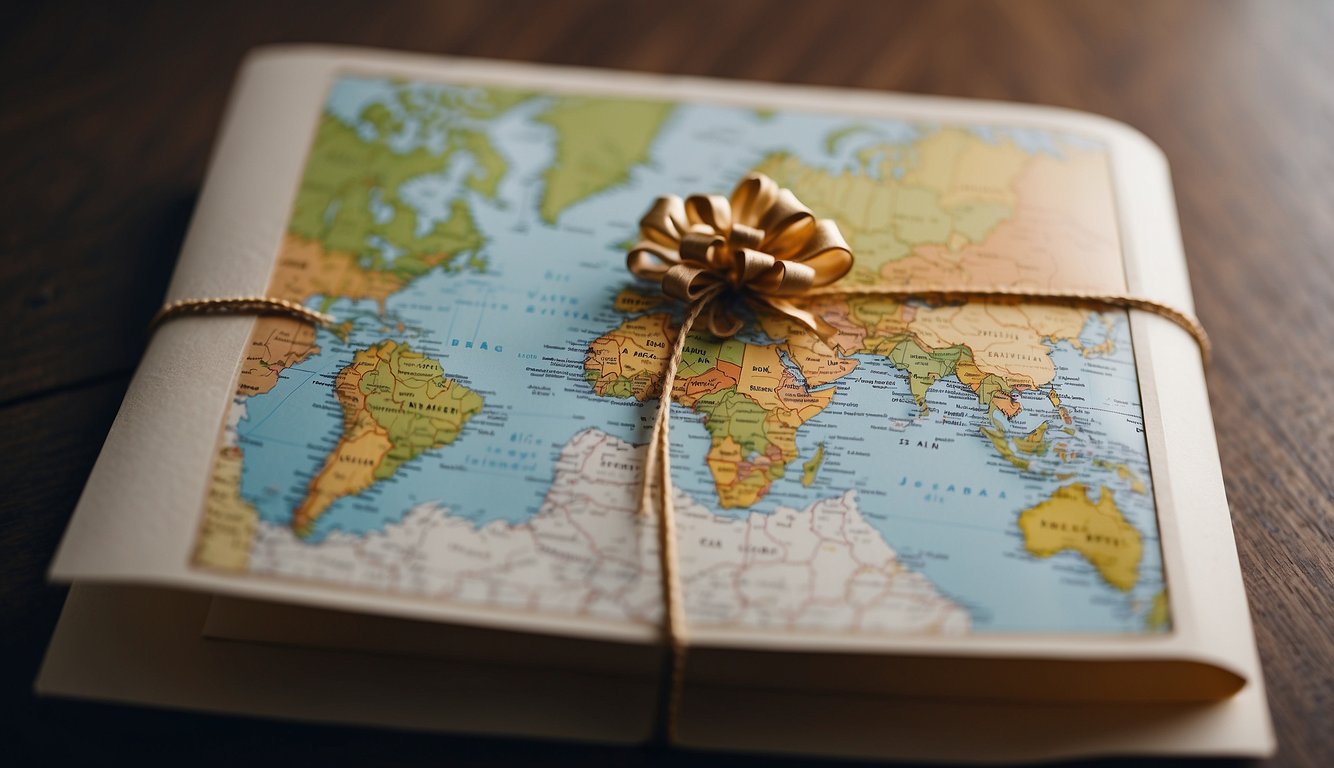 A hand-written birthday card with a heartfelt message, a gift box wrapped in colorful paper, and a map showing the distance between two locations