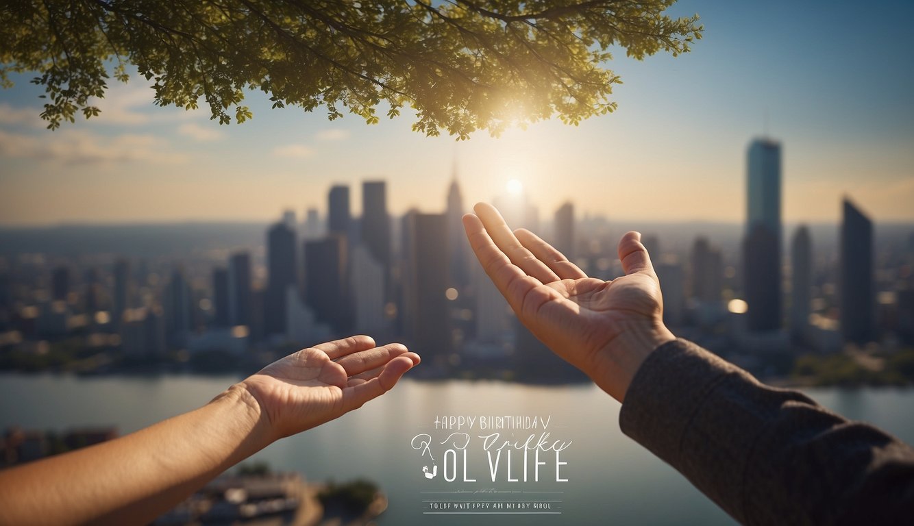 A hand reaching out towards a distant city skyline, with a heartfelt birthday message floating in the air