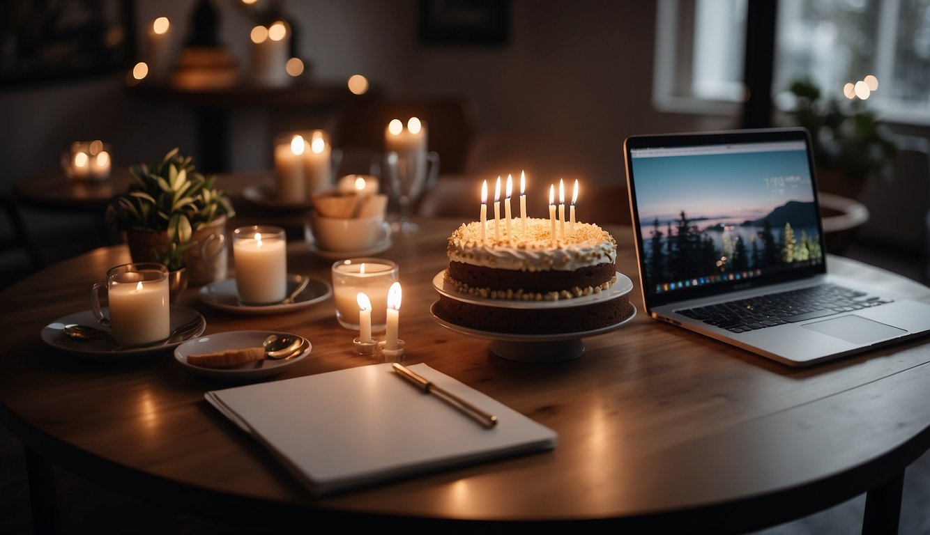 A birthday cake with candles, a wrapped gift, and a handwritten card on a table, with a laptop open to a video call with a best friend