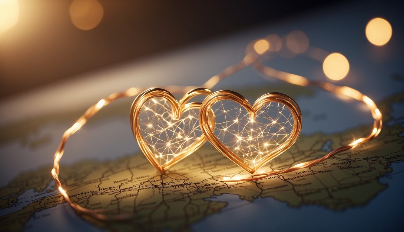 Two hearts connected by a glowing thread spanning across a map, symbolizing a long-distance friendship. Birthday wishes float between them, carrying love and warmth