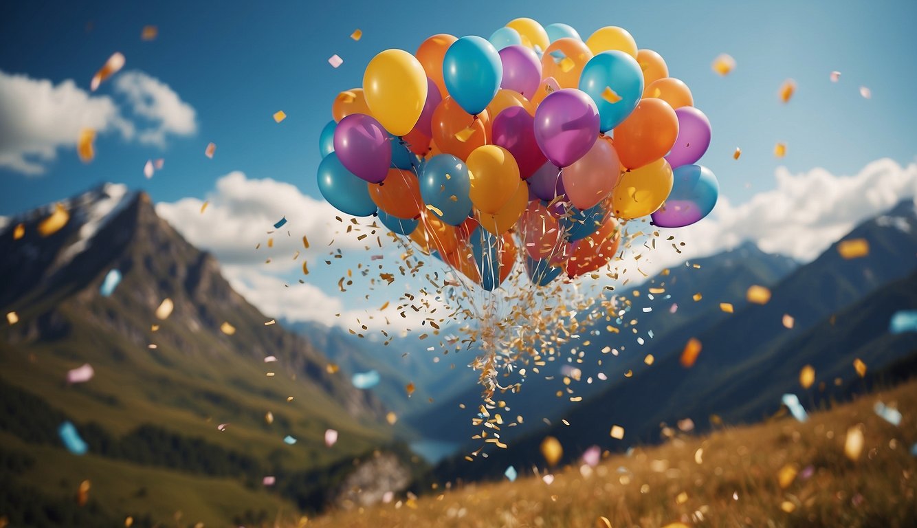 A colorful birthday card flying through the air, crossing over mountains and oceans, with a trail of laughter and confetti behind it