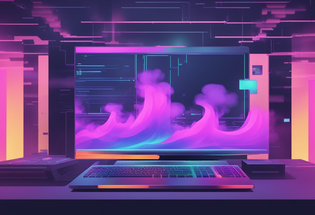 A computer screen displays glitched graphics. Smoke rises from a malfunctioning GPU. Fans spin frantically, emitting a loud whirring noise